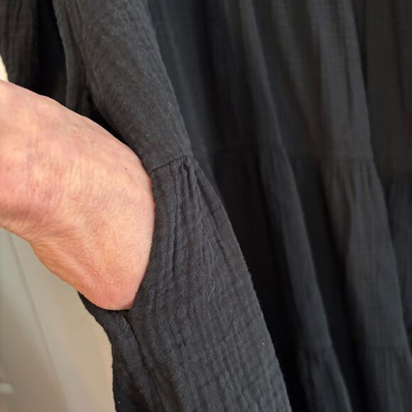 Universal Thread Black Cotton Gauze Long Sleeve midi tiered dress pockets 1X - Picture 6 of 15